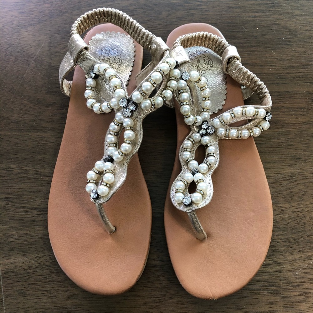 Pearl and Jewel Embellished Flat Gold Sandals